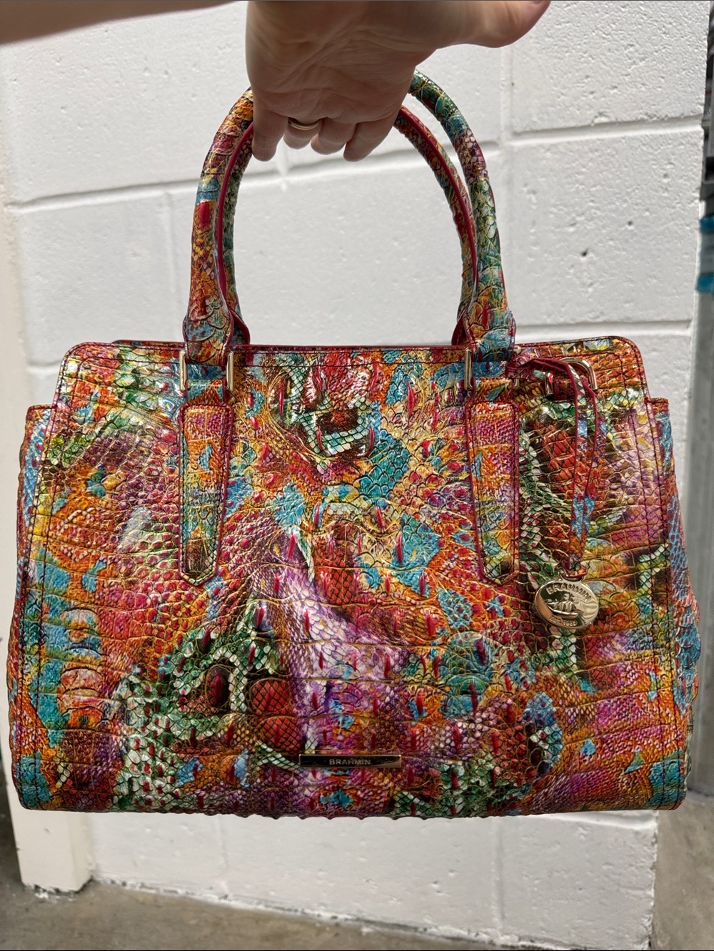 Brahmin “Small Finley” Embossed Leather Satchel - Red, Turquoise, Orange - Picture 8 of 9
